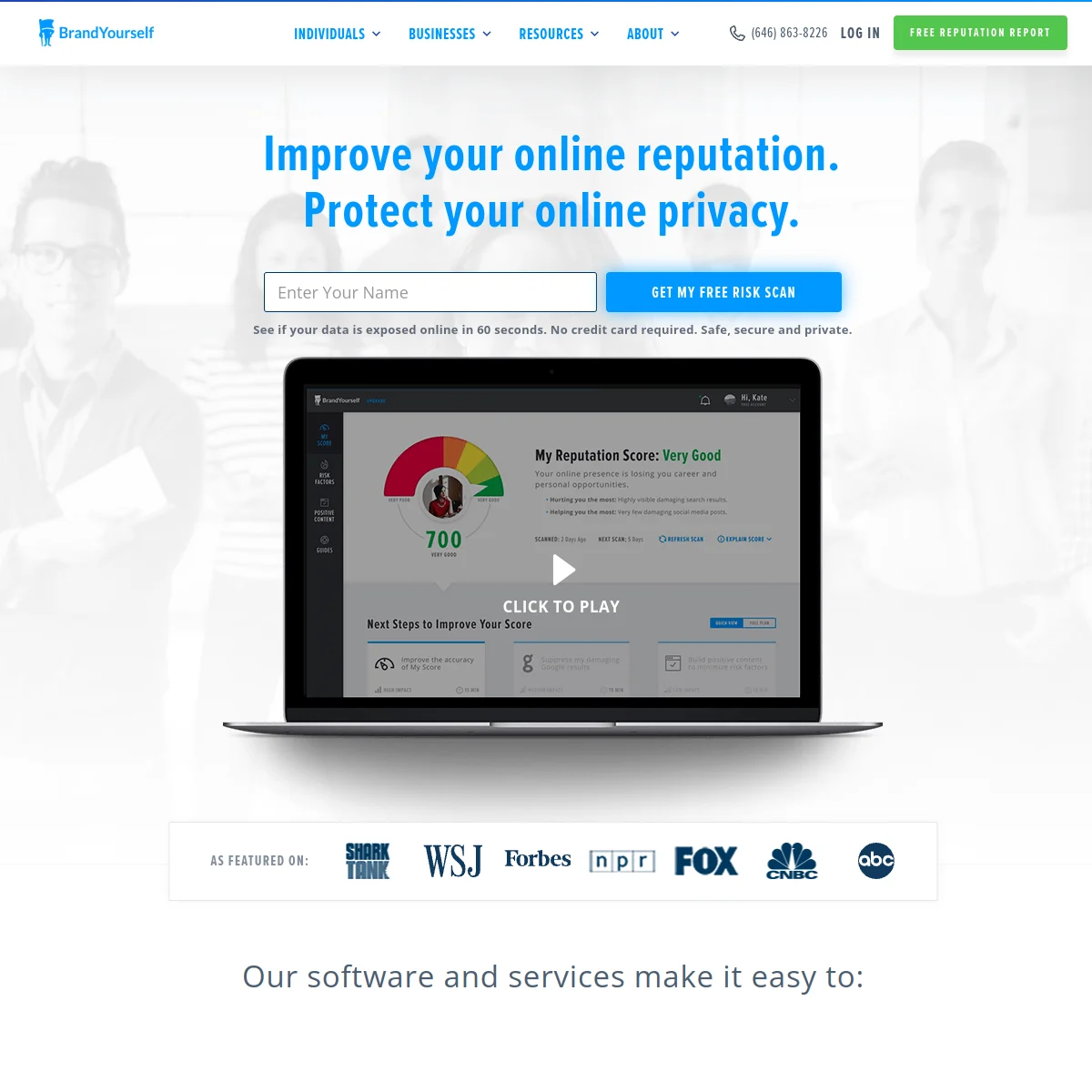 BrandYourself homepage showing online reputation monitoring and privacy tools
