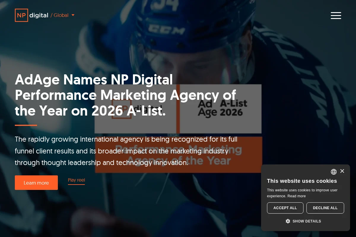NP Digital homepage showing performance marketing agency of the year