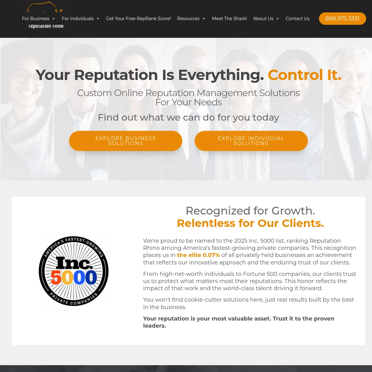 Reputation Rhino homepage showing custom online reputation management solutions
