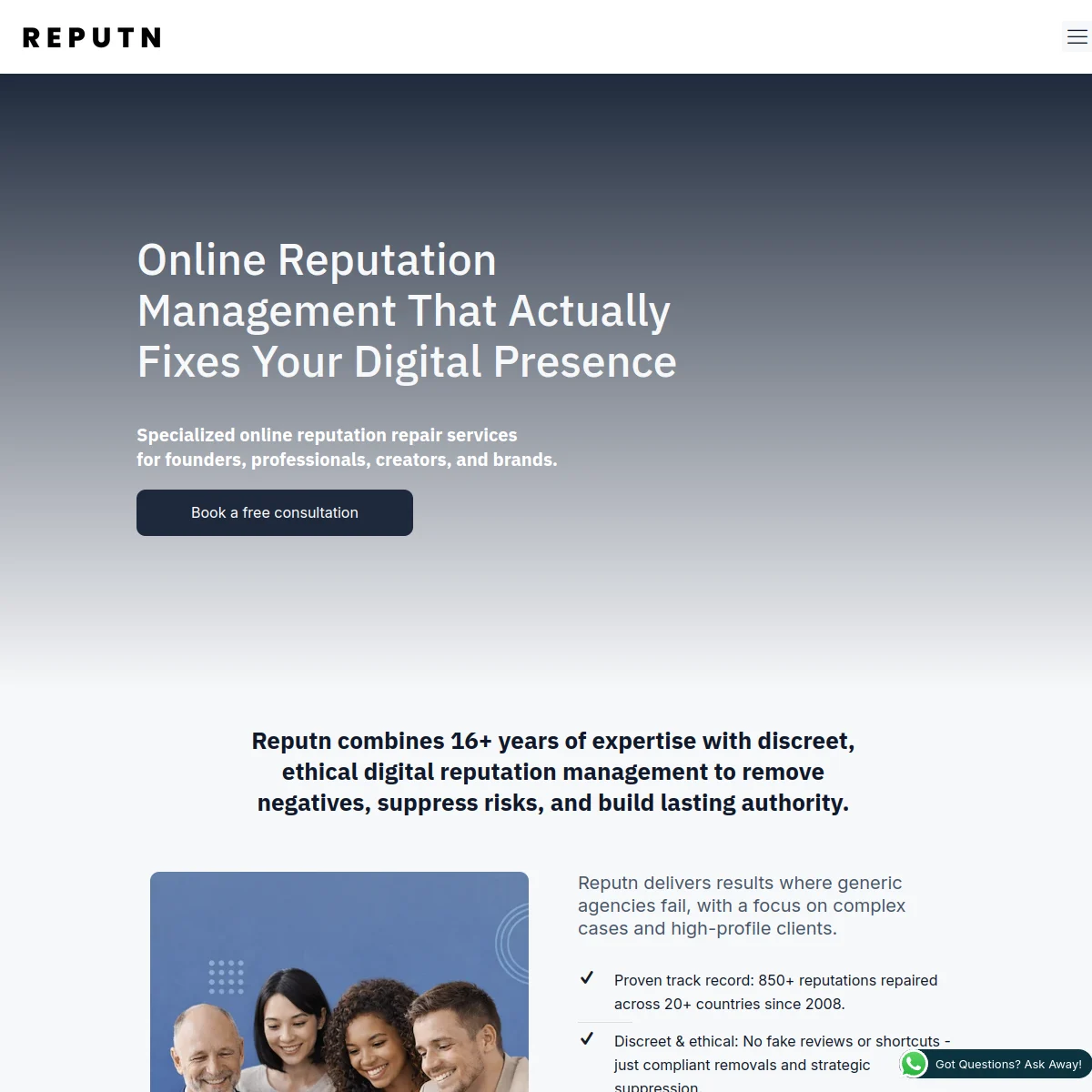 Reputn homepage showing online reputation management services