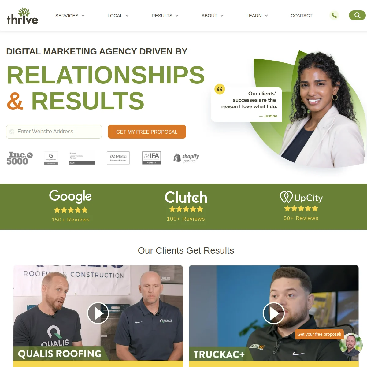 Thrive Agency homepage showing digital marketing agency driven by relationships and results
