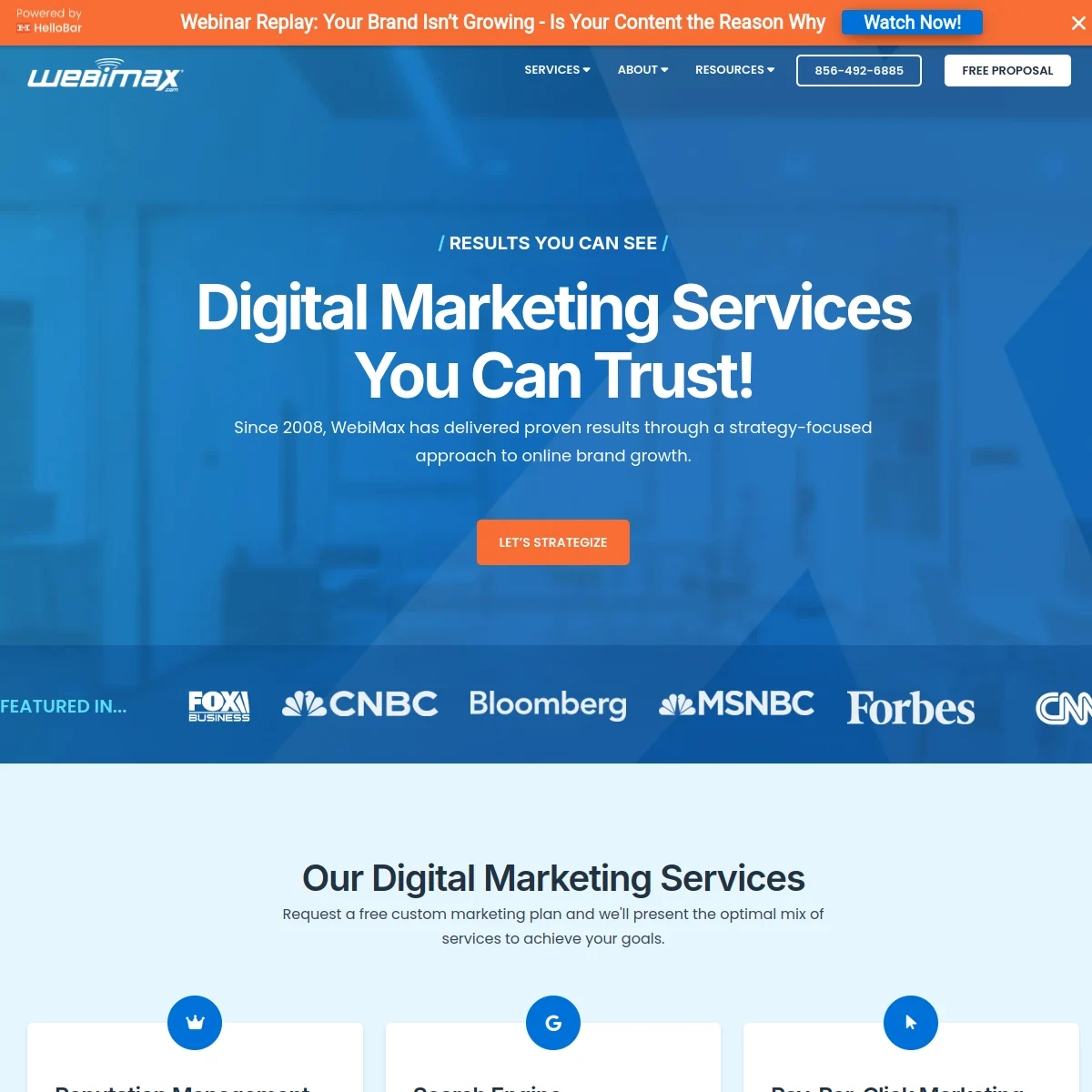 WebiMax homepage showing digital marketing and reputation management services